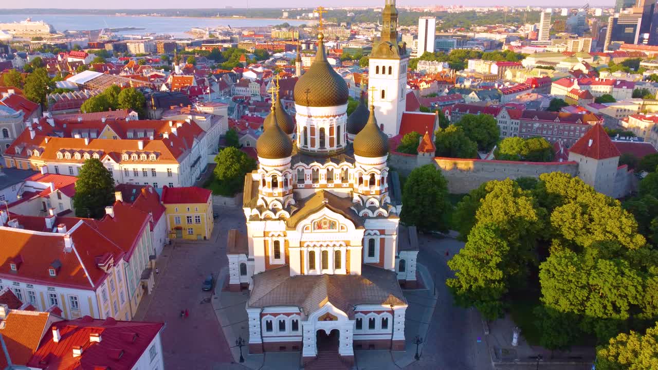 Drone Shot of Alexander Nevsky Cathedral in Tallinn, Estonia. Exterior of Orthodox Christian Landmark on Sunny Day