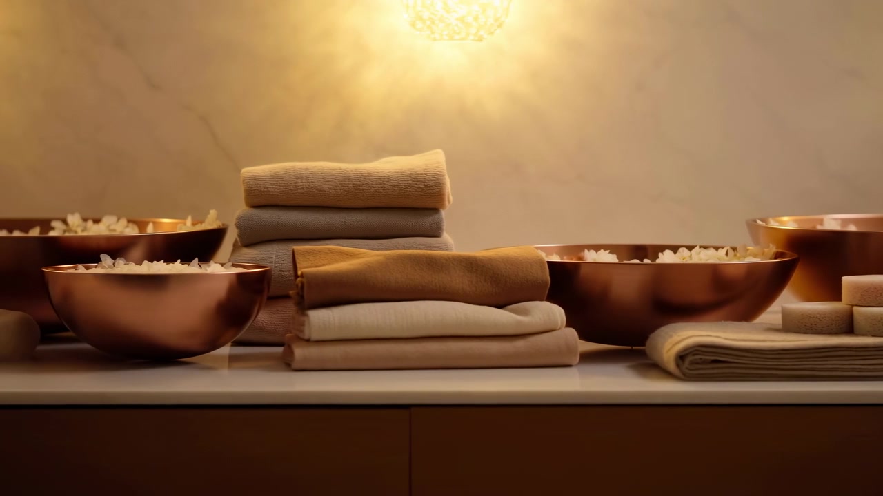 Elegante scena di un bancone benessere con asciugamani piegati, biancheria arrotolata, ciotole di rame piene di petali di fiori bianchi, saponette impilate e luce calda ambrata che crea un'atmosfera di lusso e calma per una spa