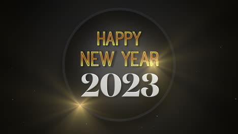 2023-Jahre-Und-Frohes-Neues-Jahr-Im-Kreis-Mit-Fliegendem-Gold-Glitzert-Auf-Schwarzem-Farbverlauf