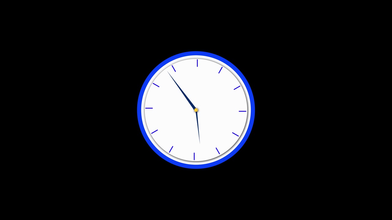 Animazione di orologio con bordo blu pulito, quadrante bianco, sfondo scuro e display dell'ora semplice, perfetto per