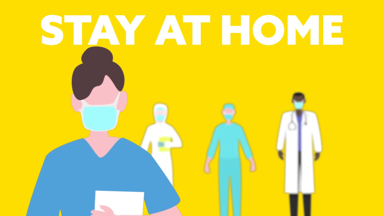 노란색 배경에 간호사와 의료진이 있는 사회적 거리 두기 애니메이션.