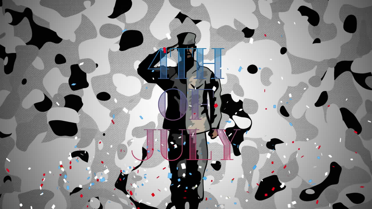 animación de confeti y texto 4 de julio sobre el saludo del soldado y el camuflaje gris