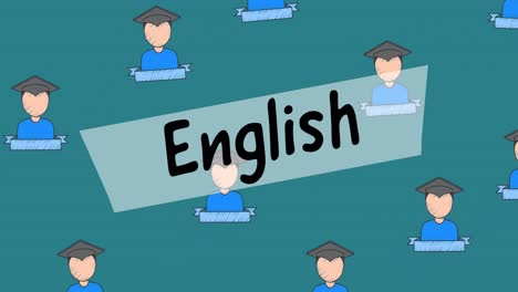 animation of english text over school items icons on green background