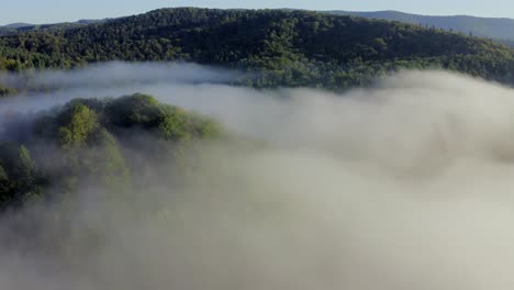 crane down wide shot of hills with large pools of mist, early morning, blue sky, subcarpathia, poland, europe