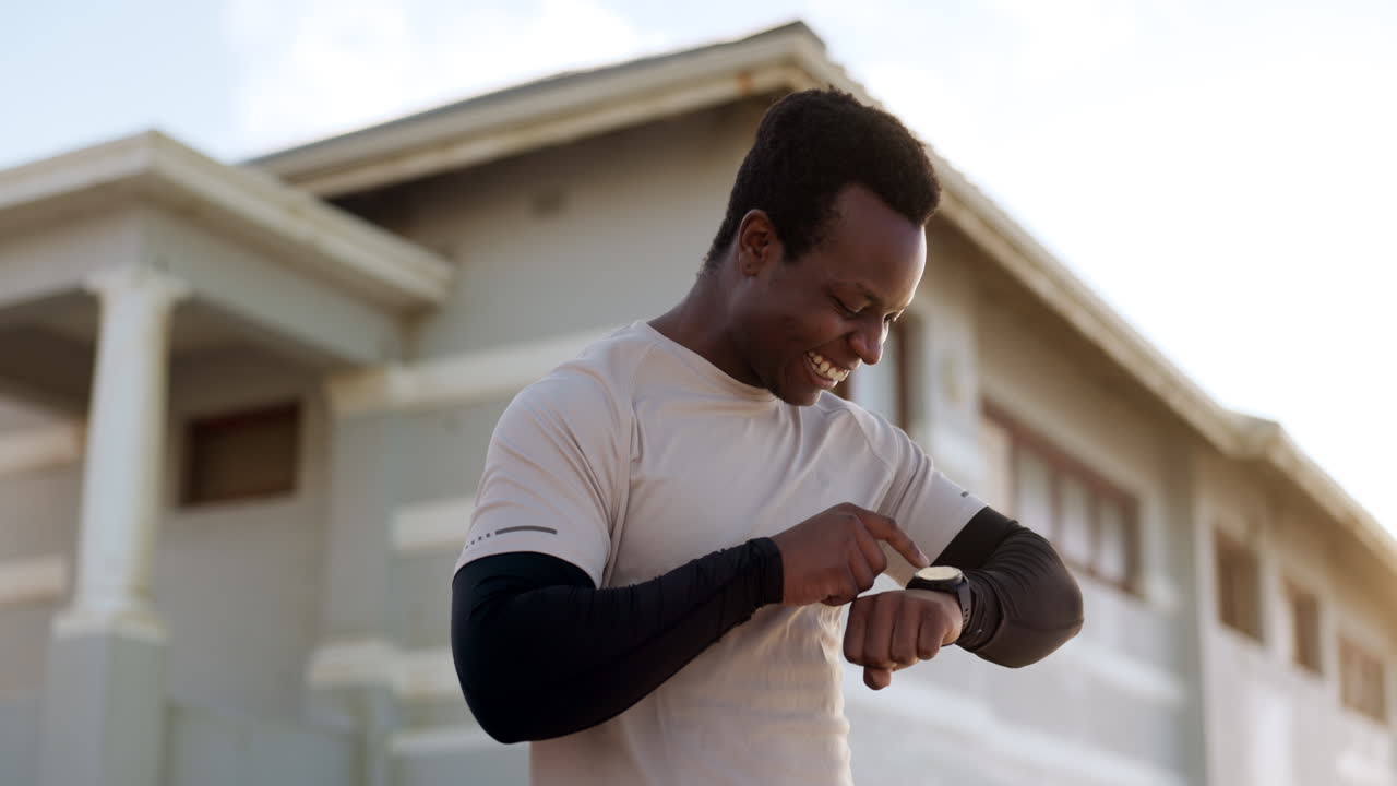 Outdoor, smart watch and black man with fitness