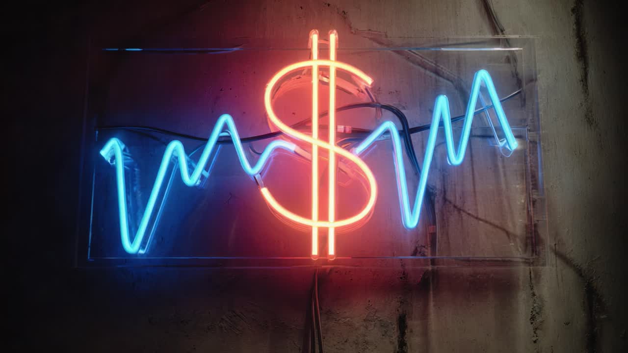 Glowing red dollar symbol and a blue finance chart turning on and off on a dark concrete wall, visualizing economic volatility, stock market trends, and financial performance