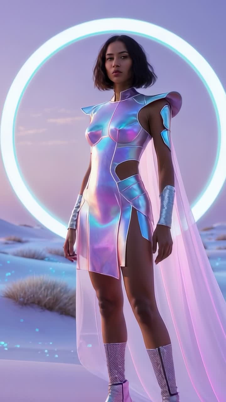 Vertical video: Panning camera moving closer to warrior on dunes revealing glowing neon ring