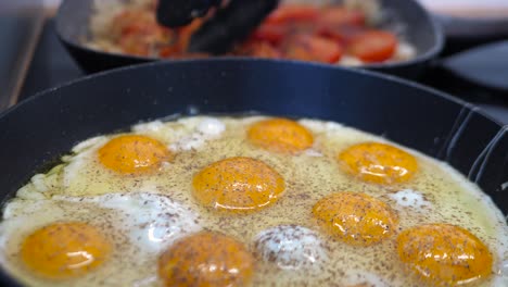 close up shot of cooking full pan of eggs