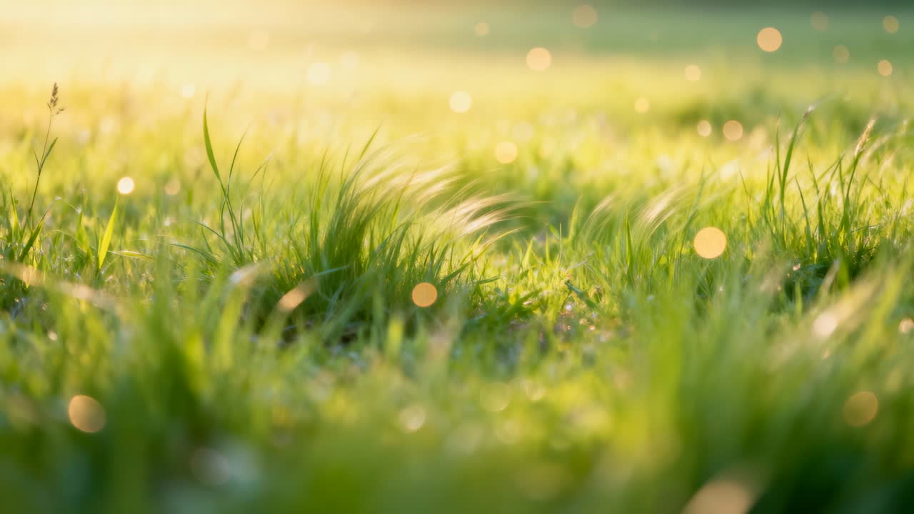 草原で、弱いそよ風に前景の草の塊がしなりながら揺れ、露とボケがきらめく様子。
