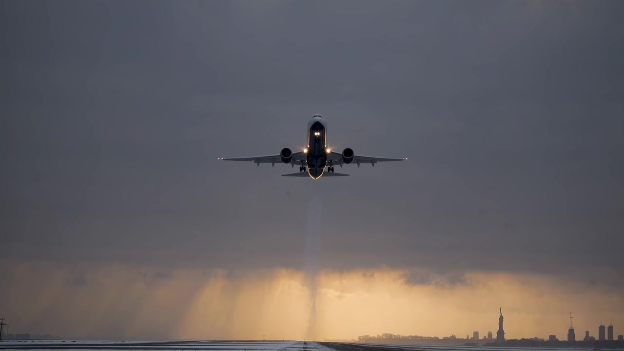 Aereo commerciale in decollo da una pista d'aeroporto al tramonto