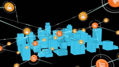 Animation-Eines-Netzwerks-Von-Verbindungen-Mit-Symbolen-über-Einer-3D-Stadtzeichnung-Auf-Schwarzem-Hintergrund