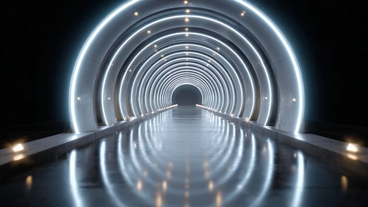 A Futuristic, Illuminated Tunnel with Smooth Reflections and Vibrant Lights Creating an Ethereal Ambiance in a Seamless, Infinite Perspective