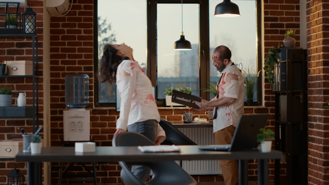 Creepy crippled office zombies wandering around workspace while picking document papers