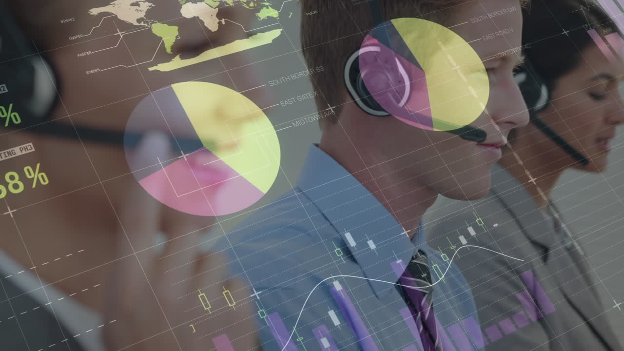 animación del registro de estadísticas sobre personas de negocios que usan auriculares telefónicos