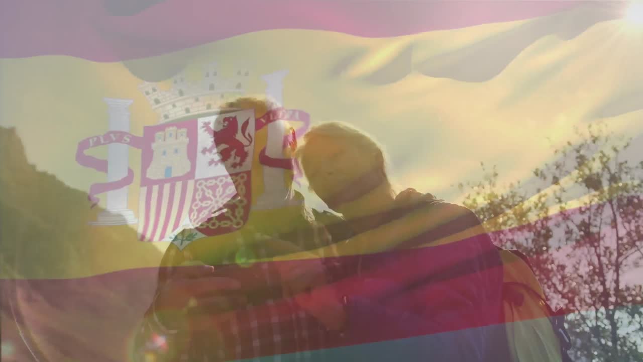 산에서 고위 백인 부부 위에 스페인 발의 애니메이션