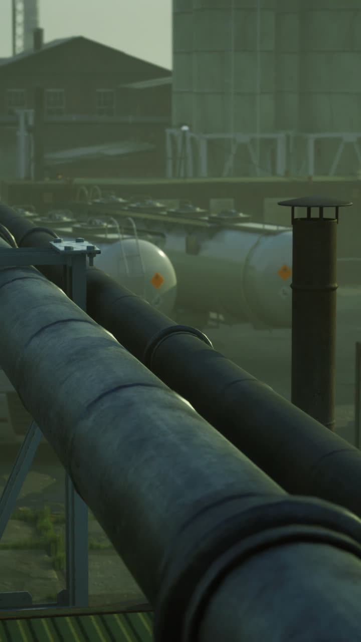Exploring the industrial landscape at dawn with pipelines and buildings