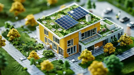 miniature eco-friendly house with green roof and solar panels