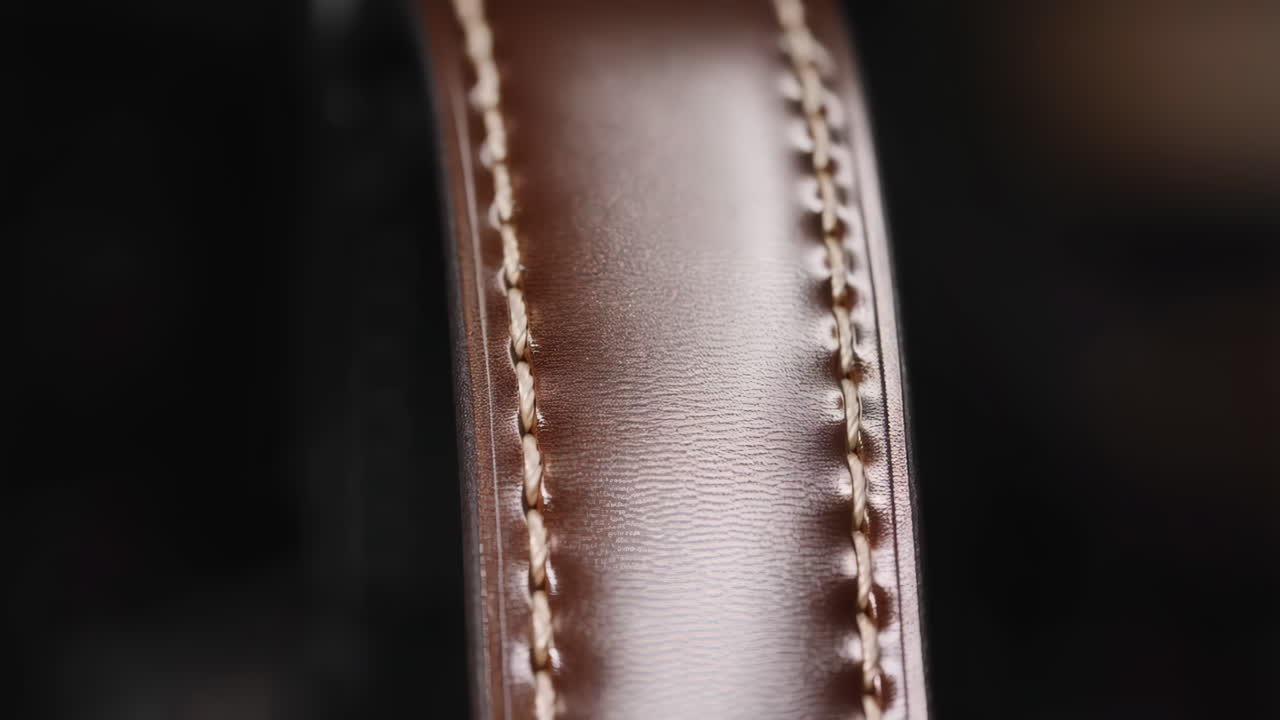 Close-up of a brown leather strap with stitching