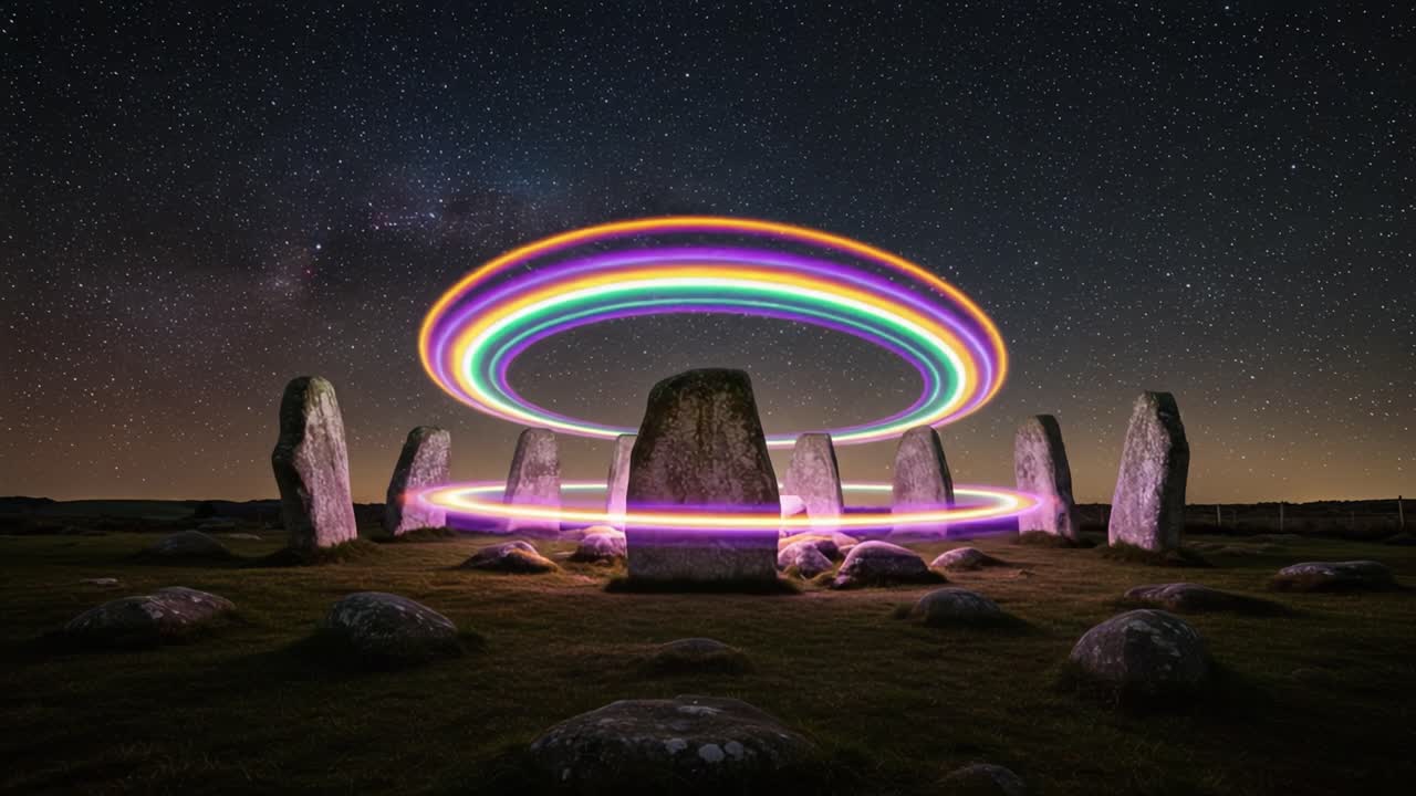 Mesmerizing Nighttime Display of Colorful Light Circles Surrounding Ancient Stones Under a Starry Sky: A Captivating Blend of Nature and Art