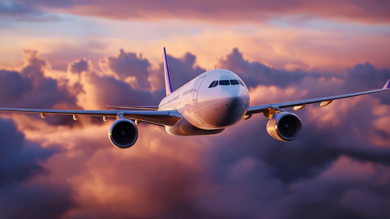 Un fantastico aeroplano in volo con un bellissimo cielo al tramonto e nuvole colorate per un'esperienza visiva straordinaria di aviazione e viaggi