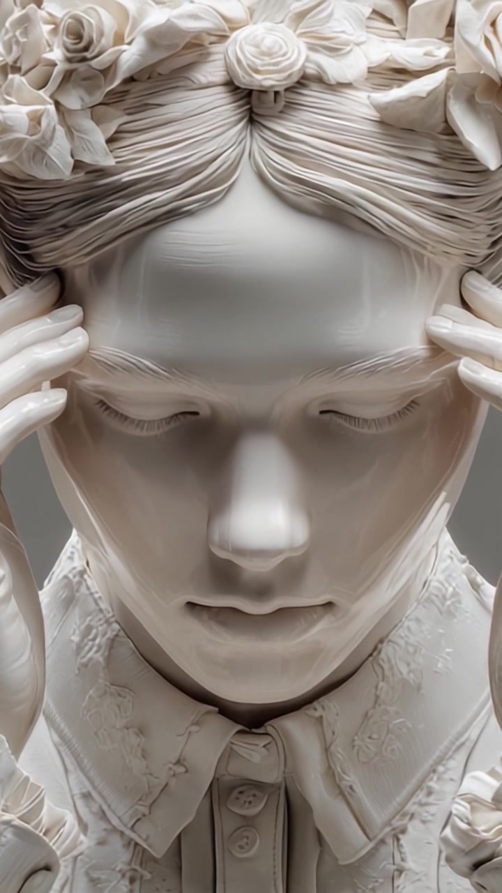 En detaljerad närbild av en figurativ skulptur som representerar känslomässig oro genom eleganta drag och blomdetaljer