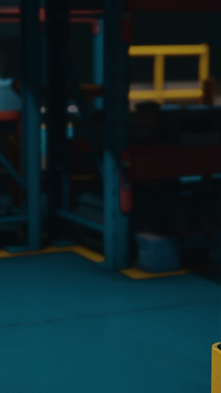 interior de almacén vacío con líneas amarillas en el piso azul