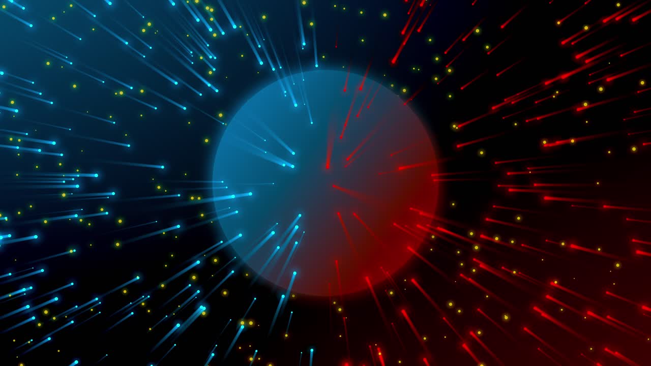 Vibrant abstract background featuring a central circle, surrounded by colorful, glowing circles emitting light streaks that slowly orbit around it