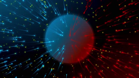 vibrant abstract background featuring a central circle, surrounded by colorful, glowing circles emitting light streaks that slowly orbit around it