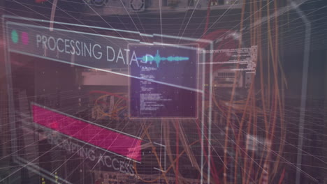 animation of screens with data processing against close up of a computer server