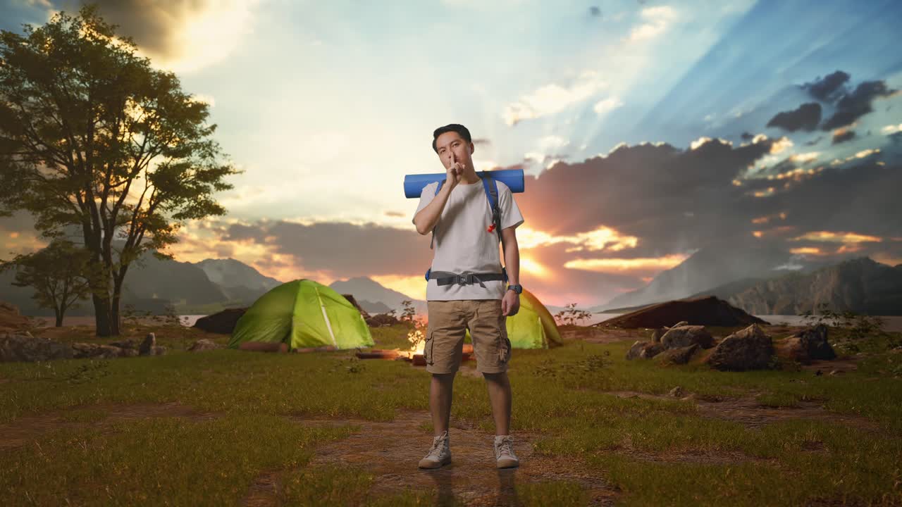 Man camping in the mountains at sunset