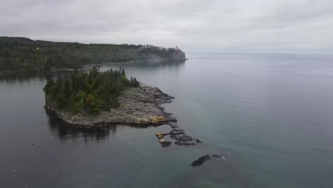 island on split rock light house state park, lake superior on north shore minnesota aerial view