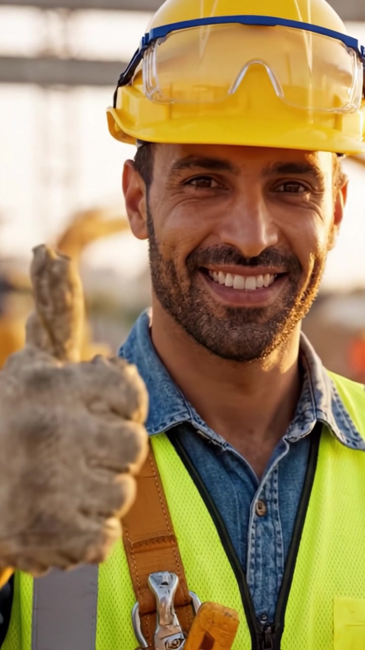A Confident Construction Worker Smiling and Giving a Thumbs Up, Showcasing Skills and Safety Practices at a Busy Construction Site with Heavy Machinery in the Background