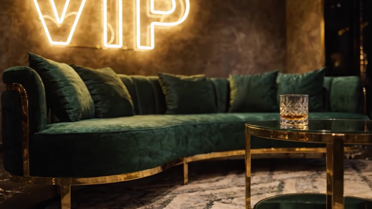 Lujoso salón VIP con un elegante sofá de terciopelo verde y glamurosos detalles dorados, perfecto para reuniones y celebraciones exclusivas en un entorno elegante.