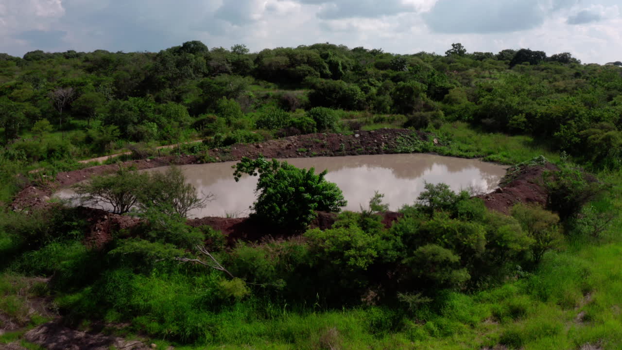 Aerial drone view of a small pond surrounded by lush scrub and dirt tracks in the countryside, peaceful rural nature scene under a cloudy sky