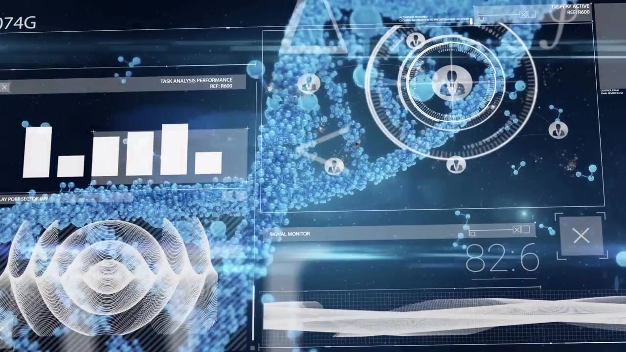 Animation of data processing over dna strand and molecules on black background