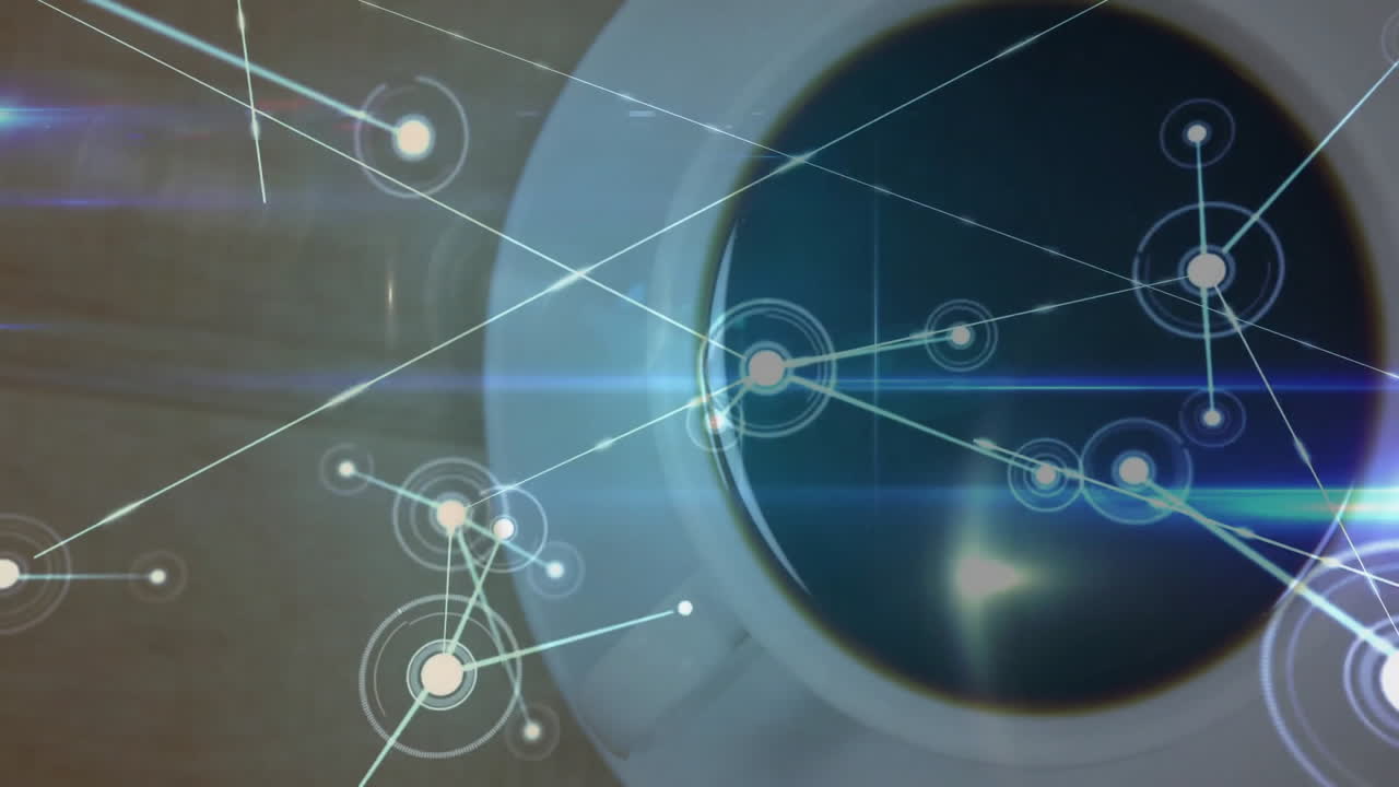 White coffee cup showing digital network overlay on wooden table, with glowing nodes, HUD in 3D