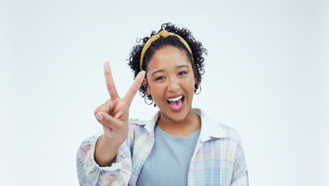 face, funny and woman with peace sign