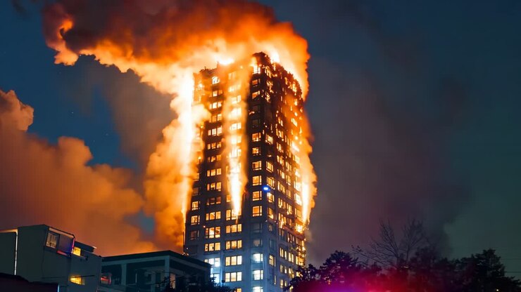 Un edificio alto está envuelto en llamas por la noche.