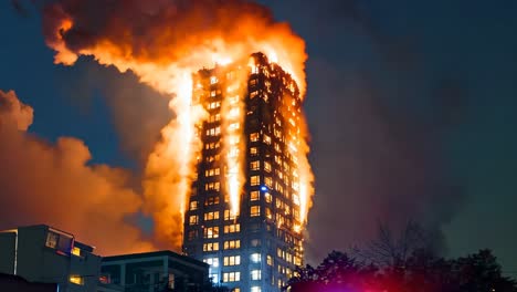 a tall building is engulfed by flames at night