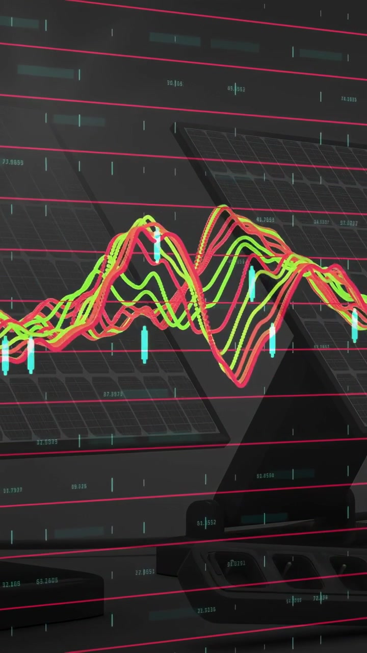 Vertical video: Incoming data driving finance chart updating on glossy screen, cyan markers popping
