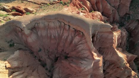 Aerial-view-of-an-awesome-rock-formation-in-a-red-dessert-in-Teruel,-Spain