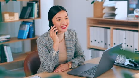 Phone-call,-office-and-happy-woman-in-business