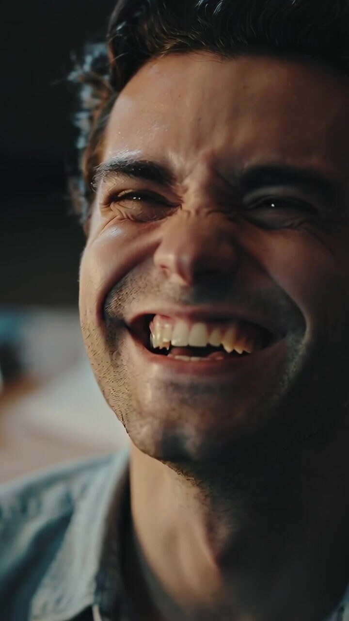 Vertical video: Laughing man wearing denim collar, tilting head back in workspace with desk papers