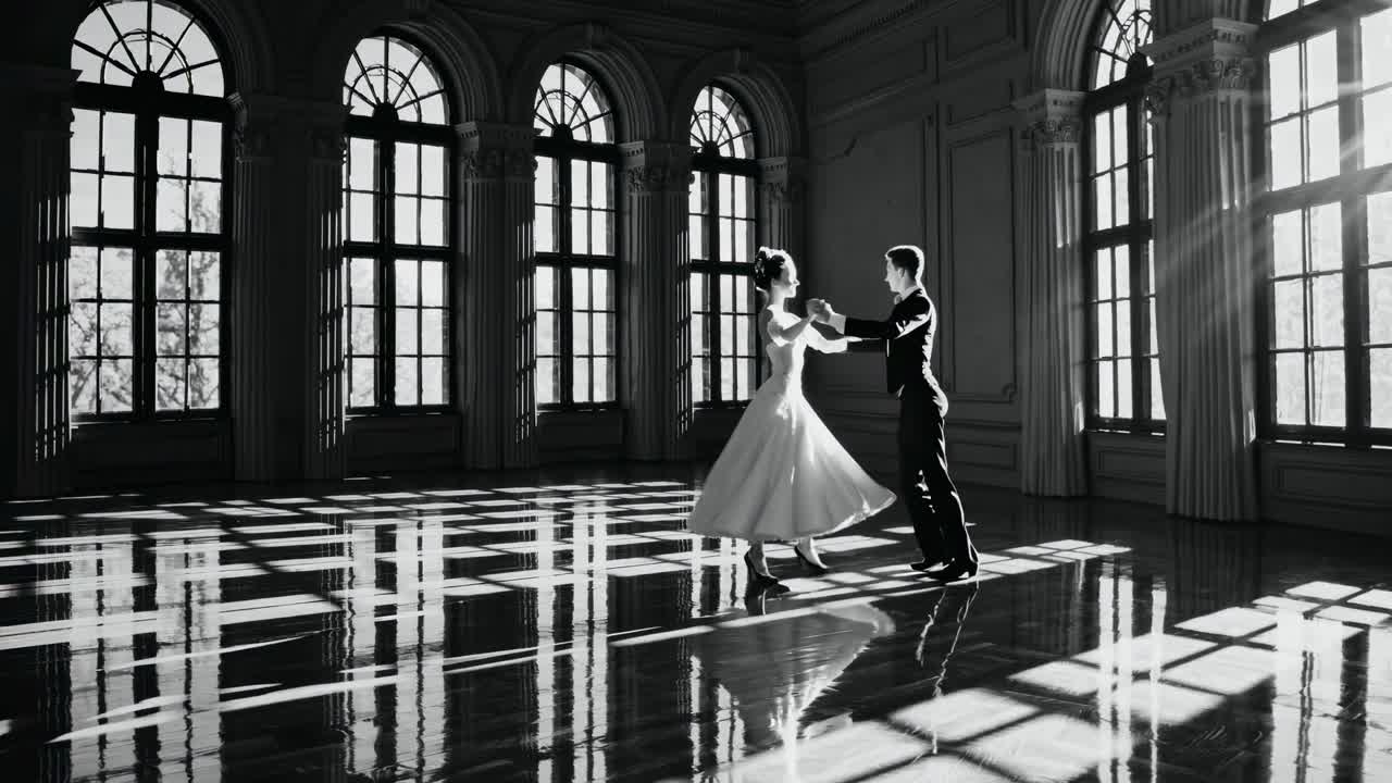 Elegant couple dancing in a sunlit ballroom, captured in black and white from a low angle