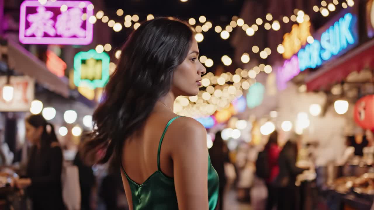 Woman in Green Dress at Night