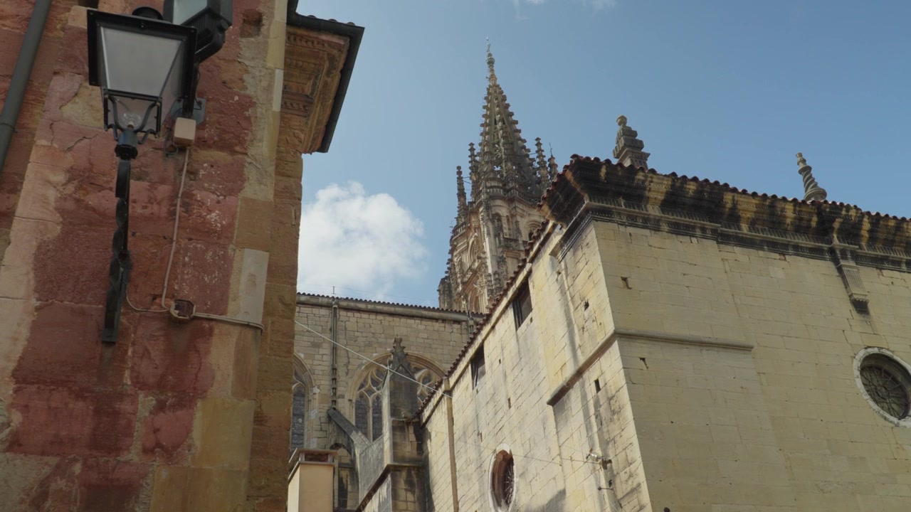 Vista dal basso che mostra intricati dettagli in pietra sulla guglia di una cattedrale