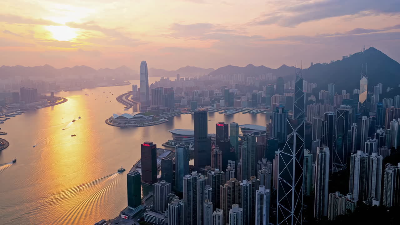 Hong Kong Victoria Harbour Skyline at Sunset | Premium Stock Video Footage