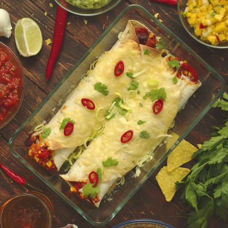 Vegetable-Burritos-served-in-glass-heatproof-dish--With-salsa--guacamole--nachos-and-ingredients