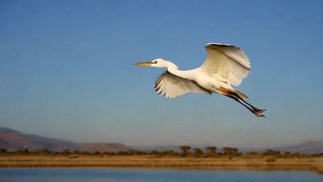 white egret in graceful flight over water