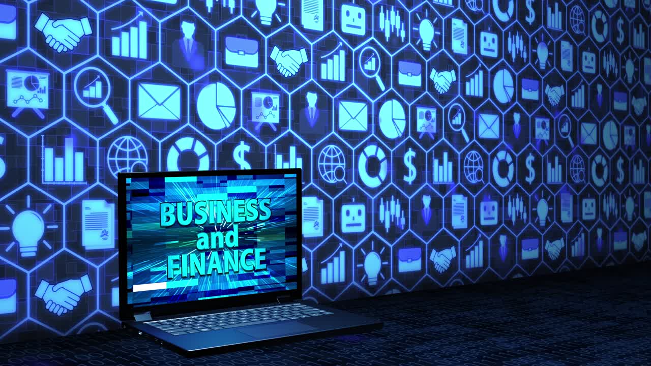 3D Rendering Laptop/Notebook on the floor with Business and Finance on the screen and icon set Background and Random Binary Code on the floor in blue color. Seamless loop.